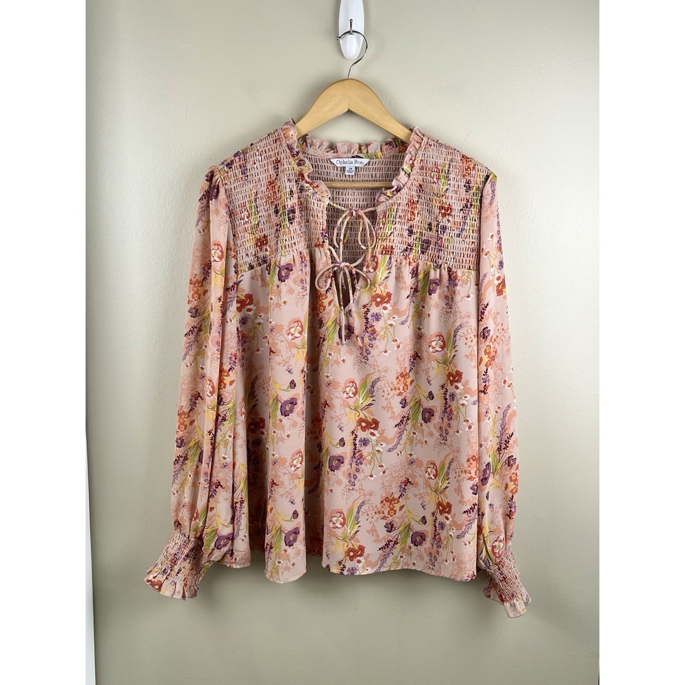 Ophelia‎ Roe Smocked Floral Long Sleeve Blouse in Peach Ties Plus Size 2X